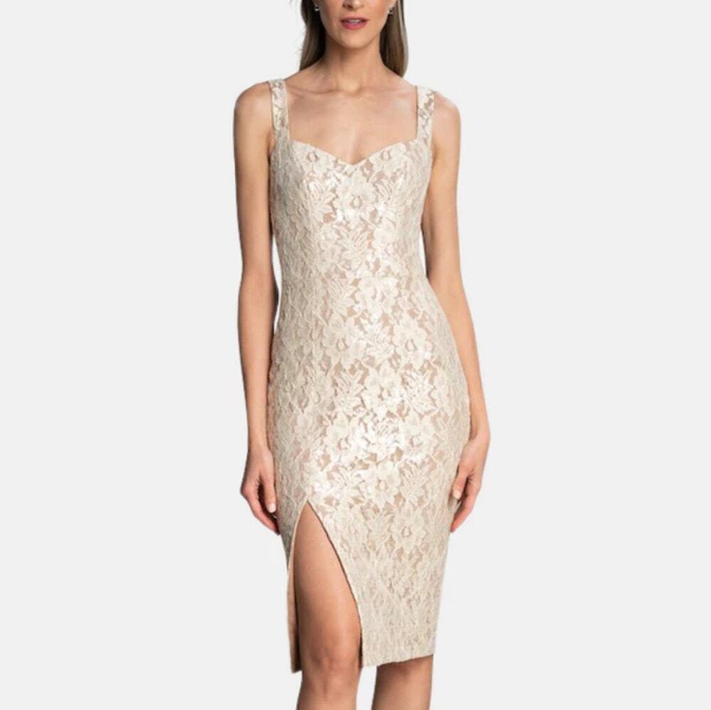 Dress the Population Cadence Dress Ivory Tan Floral Lace Sequins Bridal SZ L